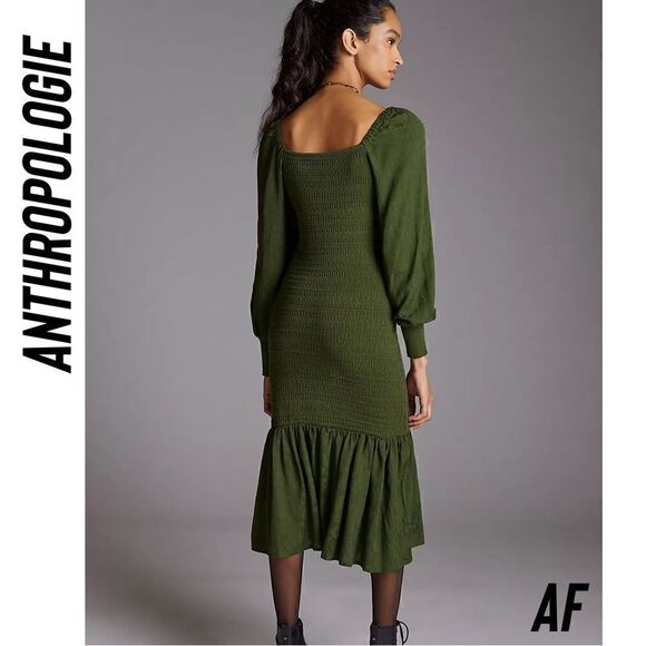 ANTHROPOLOGIE SMOCKED PUFF KNIT MIDI DRESS IN WINE NEW LARGE - Picture 7 of 7